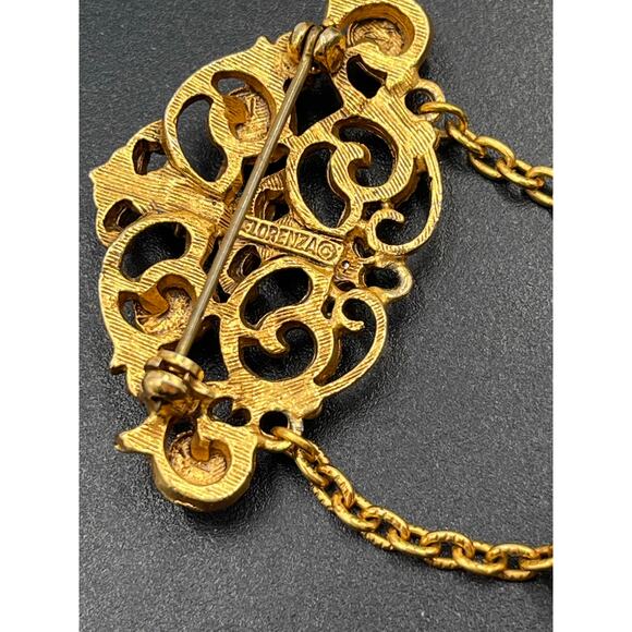 Florenza Signed Designer Mogul Gold Tone Faux Pearl Dangle Chain Brooch - Picture 8 of 8